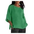thumbnail image 1 of JUUYY Fall Tops for Women Casual 3/4 Sleeve Cotton Linen Shirts Trendy Solid Loose Fit Pullover Blouse Vintage Crewneck Plus Size Baggy T-Shirts Clothes Green XXXXXL, 1 of 6