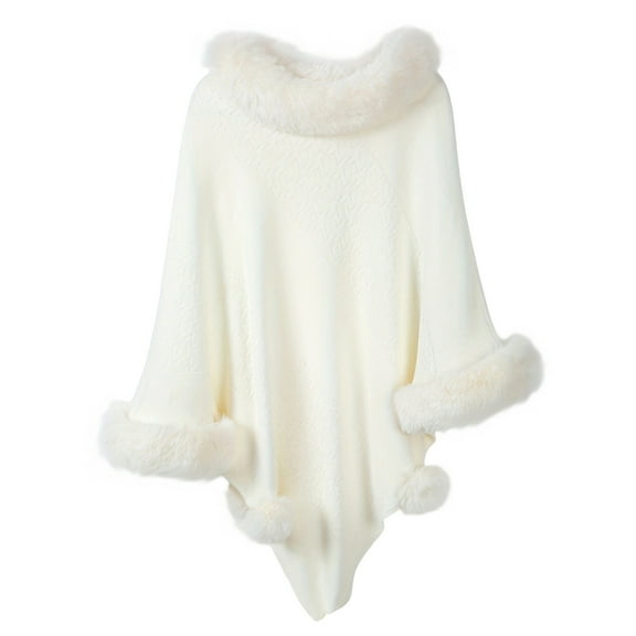 JUUYY Faux Shawl Fuzzy Fleece Trim Pullover Winter Coats Warm Plush Cloak Outerwear Lightweight Irregular Hem Jackets White Free Size