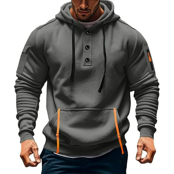 JUUYY Hoodies for Men Button Hooded Cargo Sweatshirt Long Sleeve Casual Outdoor Multi-Pockets Workout Pullover Mens Hoodies Dark Gray XL