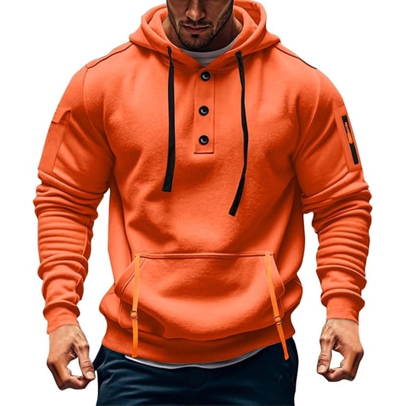 JUUYY Hoodies for Men Button Hooded Cargo Sweatshirt Long Sleeve Casual Outdoor Multi-Pockets Workout Pullover Mens Hoodies Orange L