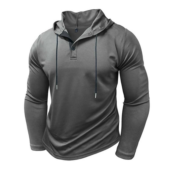 JUUYY Hoodies for Men Lightweight Casual Button Long Sleeve Hooded Shirt Loose Muscle Workout Gym Running Pullover Sweatshirts Gray M