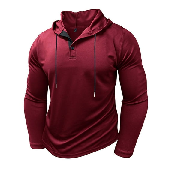 JUUYY Hoodies for Men Lightweight Casual Button Long Sleeve Hooded Shirt Loose Muscle Workout Gym Running Pullover Sweatshirts Wine XXXL