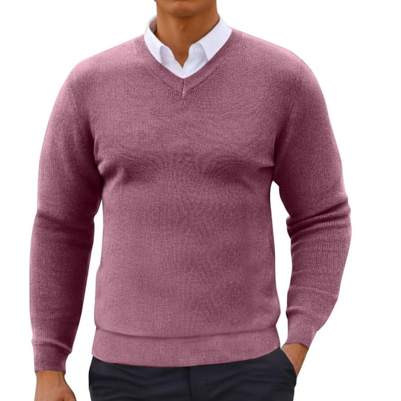 JUUYY Knit Sweater Tops for Men Solid Color V-Neck Dressy Casual Pullover Fall Winter Fashion Long Sleeve Sweater Pink XL