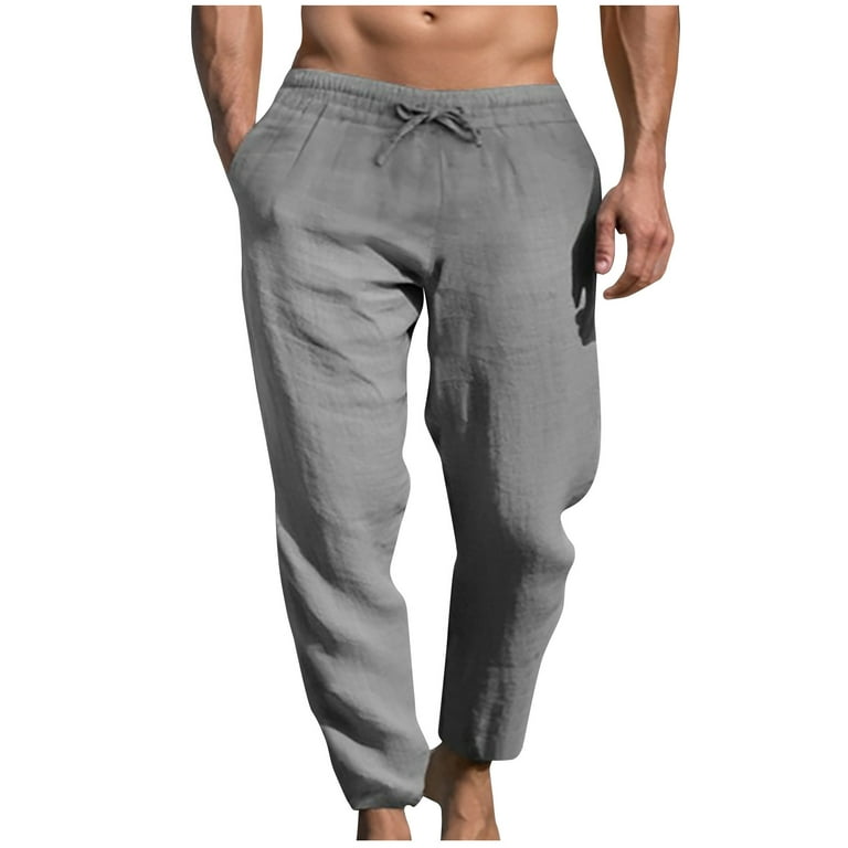 JUUYY Linen Pants for Men Big and Tall Elastric Waist Drawstring Pants Lounge Relaxed Fit Yoga Jogger Solid Color Trousers with Pockets Gray XXL