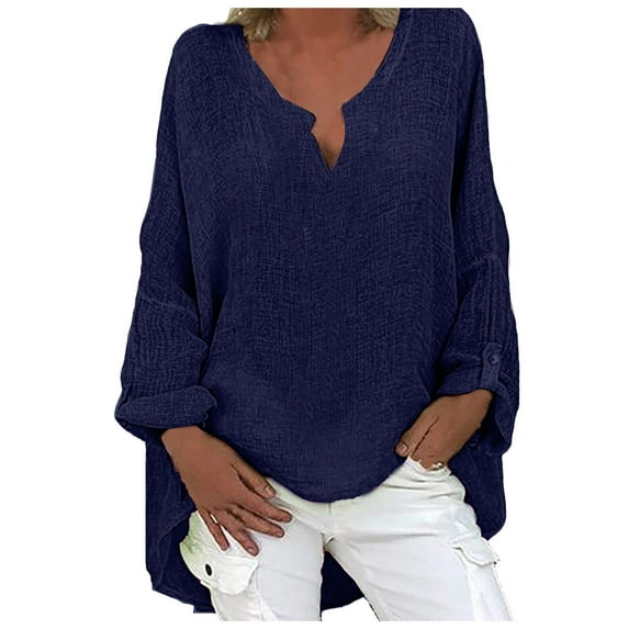 JUUYY Linen Shirts for Women Plus Size Casual Long Sleeve V Neck Solid Color Cotton Blouse Loose Comfy Baggy T-Shirt Tops Navy XL