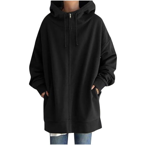 JUUYY Long Hooded Sweatshirts for Women Trendy Solid Color Full Zip up Long Sleeve Casual Drawstring Tunic Hoodie Coat Jackets Loose Lightweight Comfy Outwear Tops with Pockets Black#01 XL