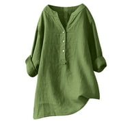 JUUYY Long Sleeve Fall Cotton Linen Tops for Women Loose Fit Casual Button Down Plain Work Tees Trendy V Neck Pullover Lightweight Cozy Baggy Tunic Blouse Green#03 XL