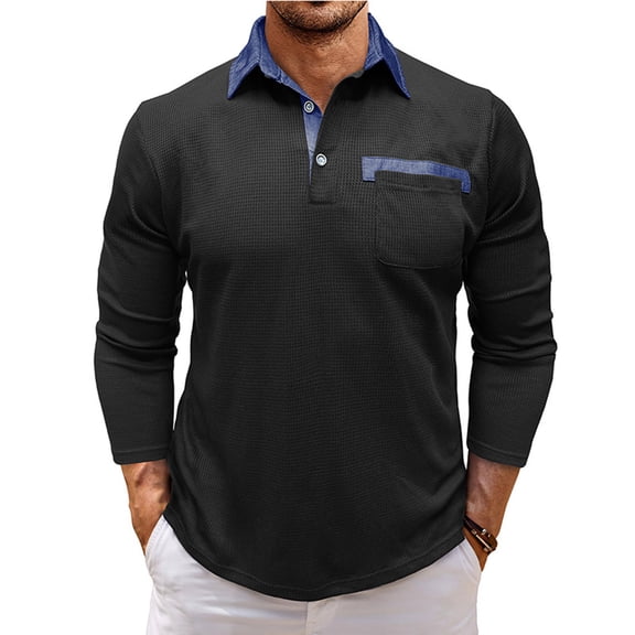 JUUYY Long Sleeve Shirts for Men Stylish Outdoor Knit Quarter Button T Shirts Hiking Lapel Collar Slim Fit Tee Blouses Black M