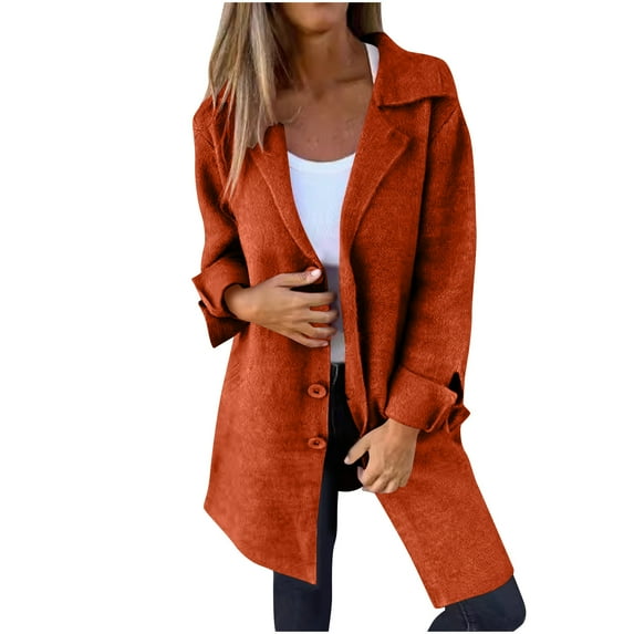 JUUYY Long Wool Coats for Women Single-Breasted Long Sleeve Peacoat Coatigan Jackets Solid Color Trendy Winter Orange M