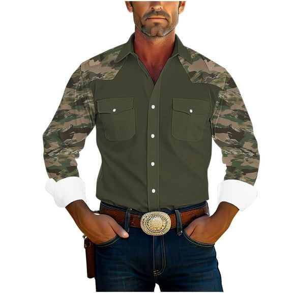 JUUYY Men Camouflage Western Style Shirt Camo Long Sleeve Shirts Casual Button Down Shirts with 2 Flap Pocket Army Green L
