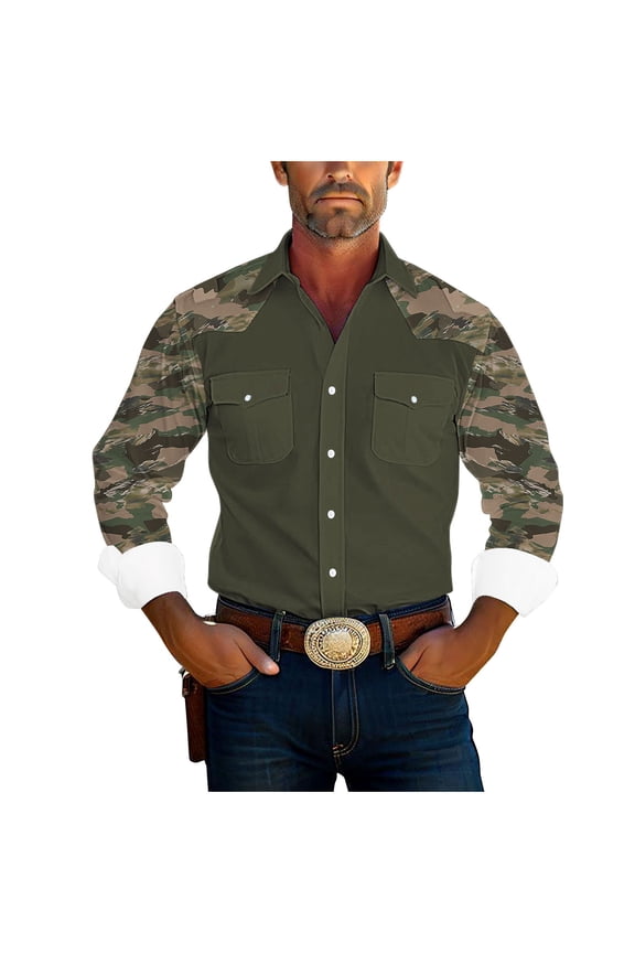 Men Camouflage Western Style Shirt Camo Long Sleeve Shirts Casual Button Down Shirts with 2 Flap Pocket Army Green XXXXXL