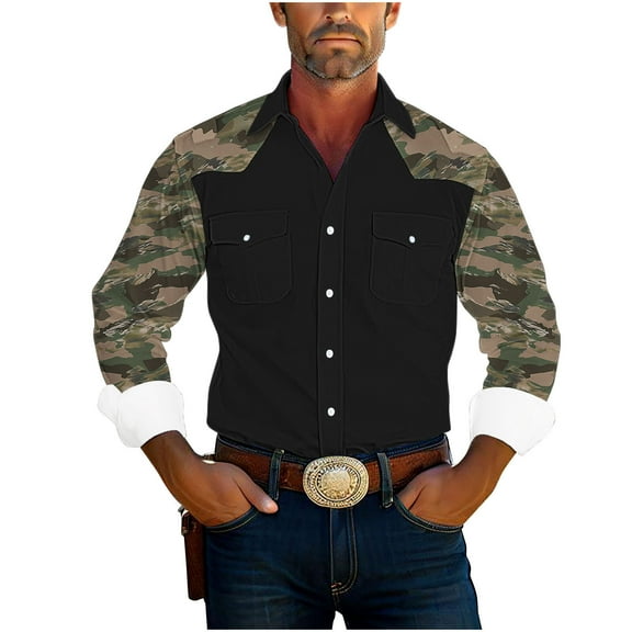 JUUYY Men Camouflage Western Style Shirt Camo Long Sleeve Shirts Casual Button Down Shirts with 2 Flap Pocket Black XL