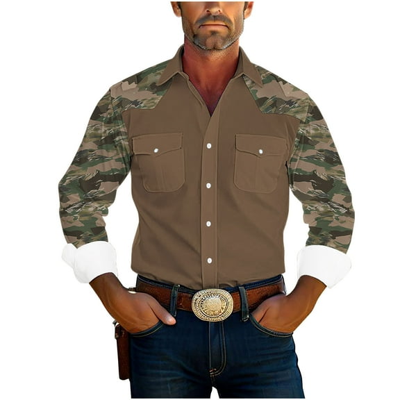 JUUYY Men Camouflage Western Style Shirt Camo Long Sleeve Shirts Casual Button Down Shirts with 2 Flap Pocket Coffee L