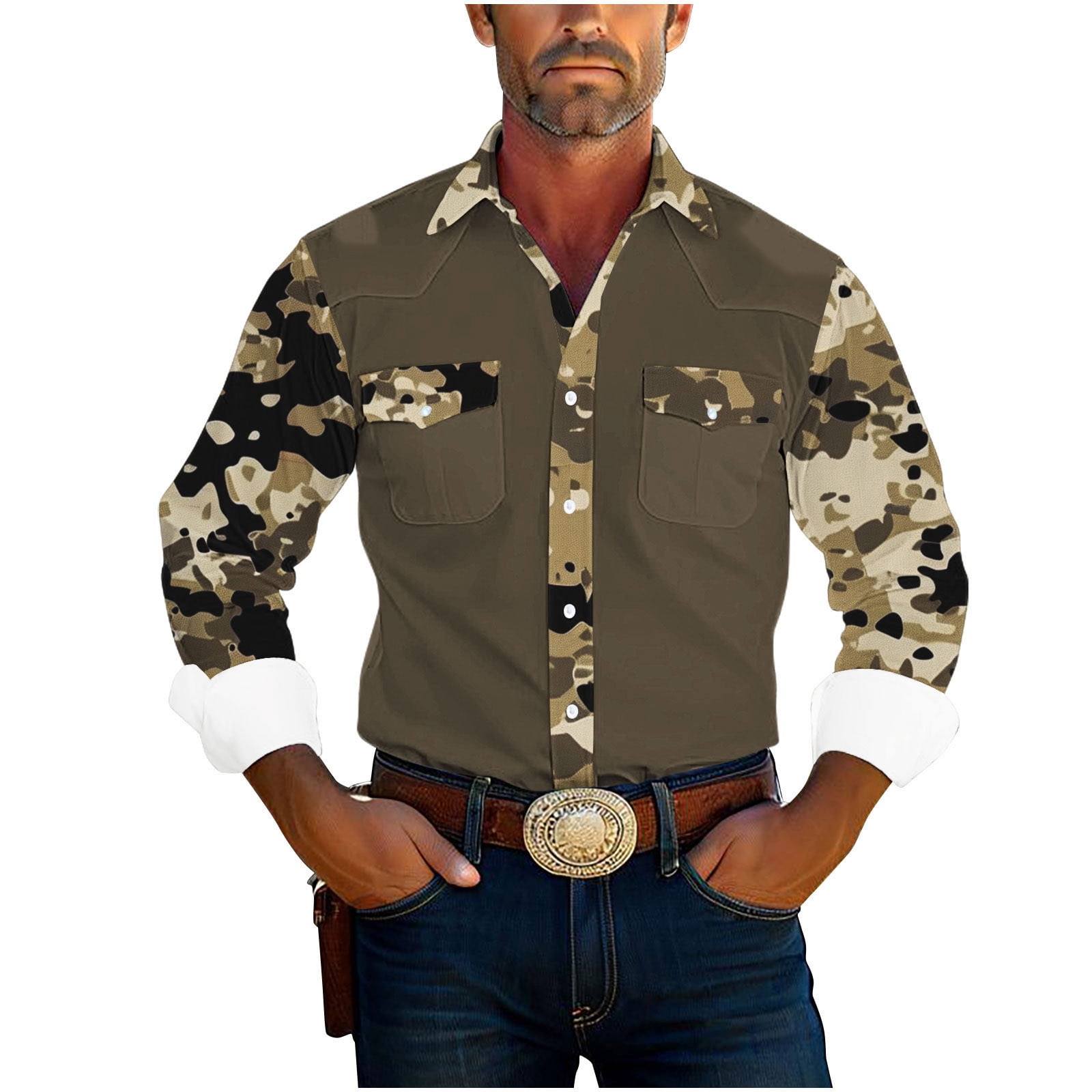 JUUYY Men Camouflage Western Style Shirt Camo Long Sleeve Shirts Casual ...