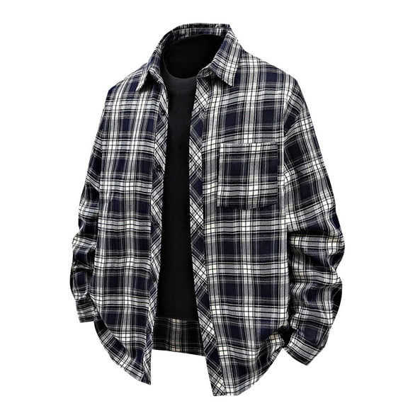 JUUYY Men Casual Plaid Shirt Long Sleeve Button Down Trundown Collar Shirt Tops Cardigan Shirts with Pocket Navy L