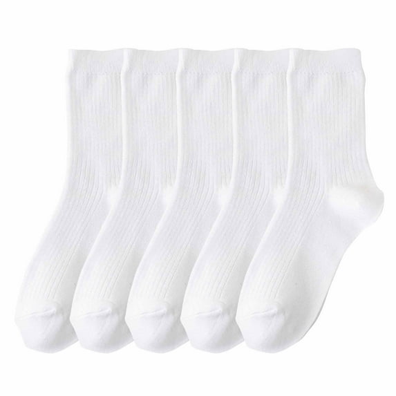 JUUYY Men Women Crew Socks Solid Color Comfortable Breathable Knitted Cotton Socks Cushioned Athletic Socks 5 Pairs White Free Size