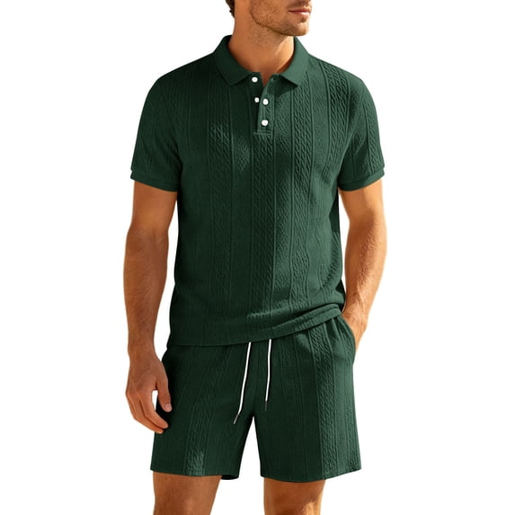 JUUYY Men's 2 Piece Casual Sets Solid Textured Short Sleeve Button Up Collared Shirts and Drawstring Shorts Set Summer Outfits Army Green L