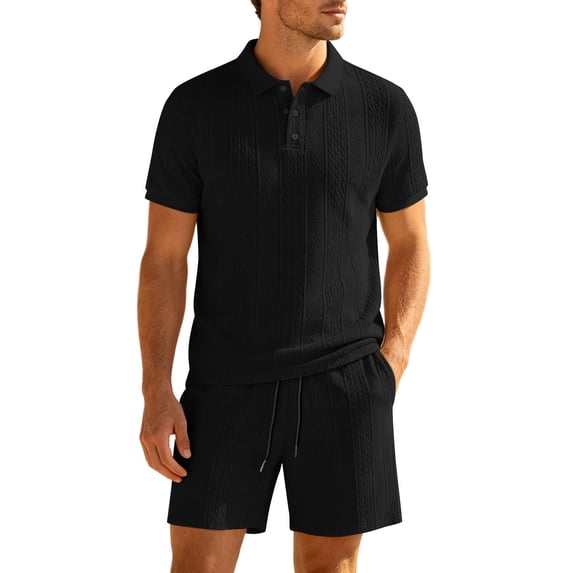 JUUYY Men's 2 Piece Casual Sets Solid Textured Short Sleeve Button Up Collared Shirts and Drawstring Shorts Set Summer Outfits Black XXL