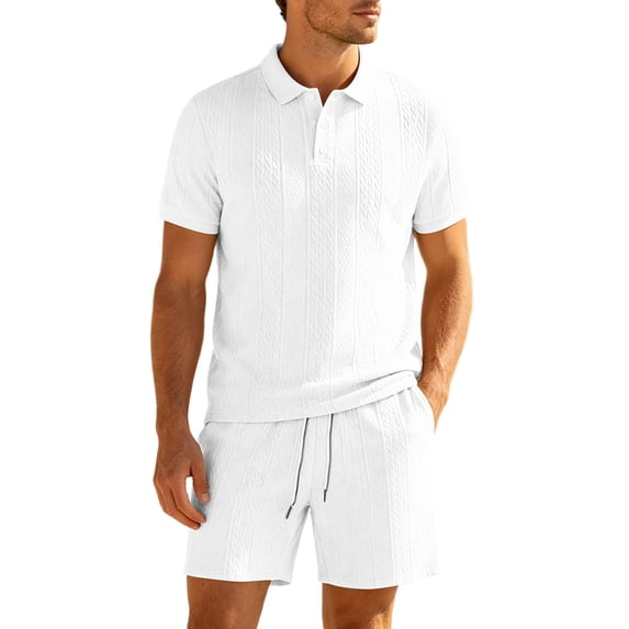 JUUYY Men's 2 Piece Casual Sets Solid Textured Short Sleeve Button Up Collared Shirts and Drawstring Shorts Set Summer Outfits White L
