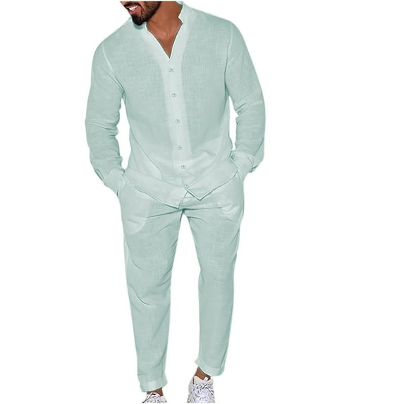 JUUYY Men's 2 Piece Set Long Sleeve Shirts Casual Beach Pants with Pockets Summer Yoga Loose Beach Solid Color Vacation Outfits Green M