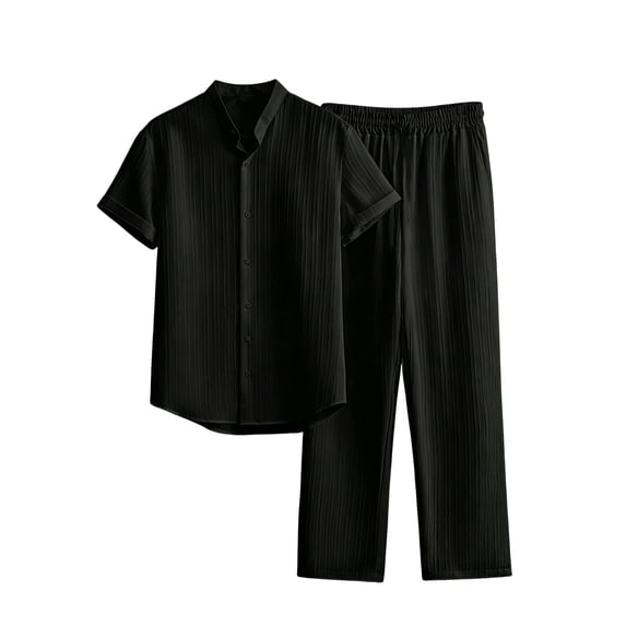 JUUYY Men's 2 Piece Set Pleated Texture Button Down Short Sleeve Collar Shirt Relaxed Fit Elastic Waist Long Pants Vacation Outfit Black L