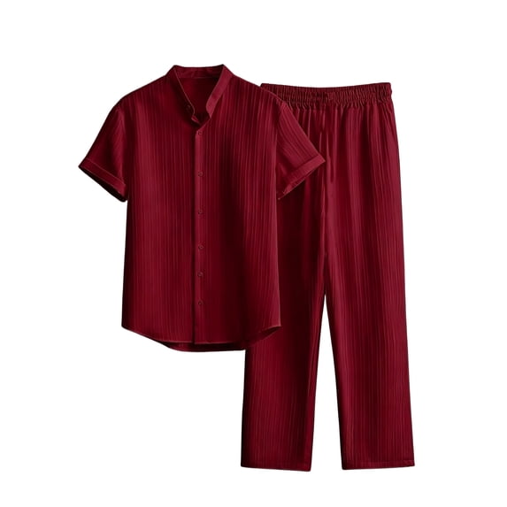 JUUYY Men's 2 Piece Set Pleated Texture Button Down Short Sleeve Collar Shirt Relaxed Fit Elastic Waist Long Pants Vacation Outfit Wine L