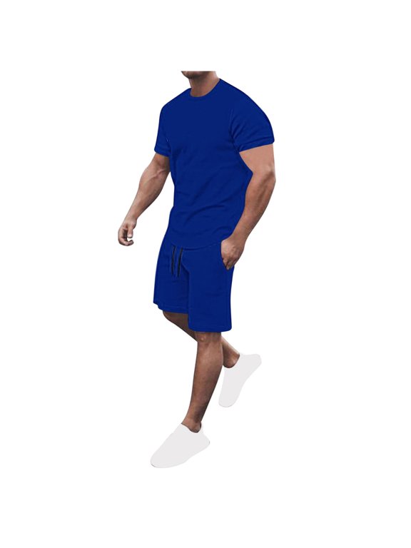 Men's 2 Piece Tracksuit Short Sleeve Crew Neck T Shirt and Track Shorts Set Solid Color Breathable Sports Set Beach Outfits Blue M
