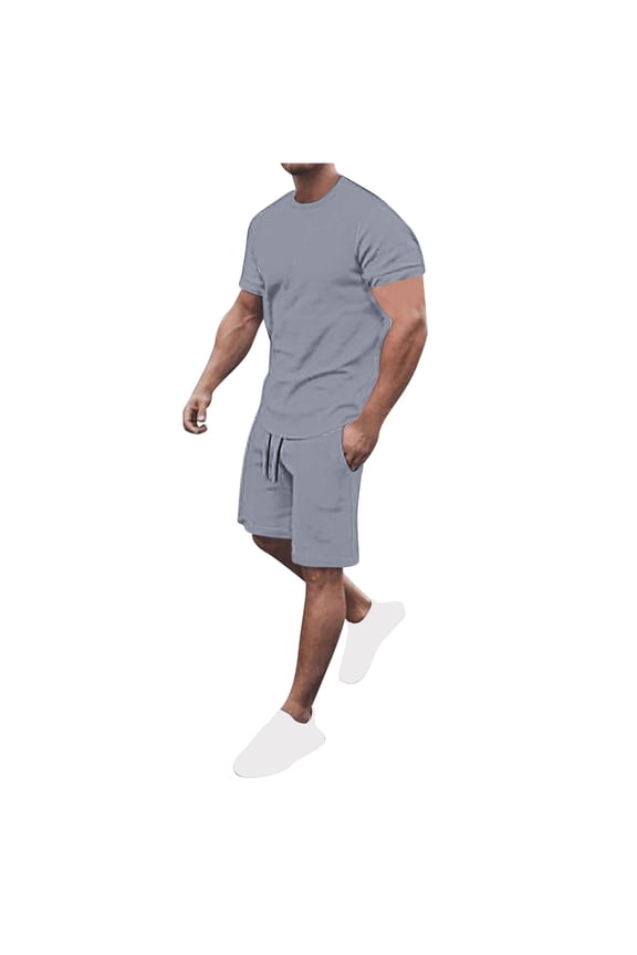 Men's 2 Piece Tracksuit Short Sleeve Crew Neck T Shirt and Track Shorts Set Solid Color Breathable Sports Set Beach Outfits Gray XL