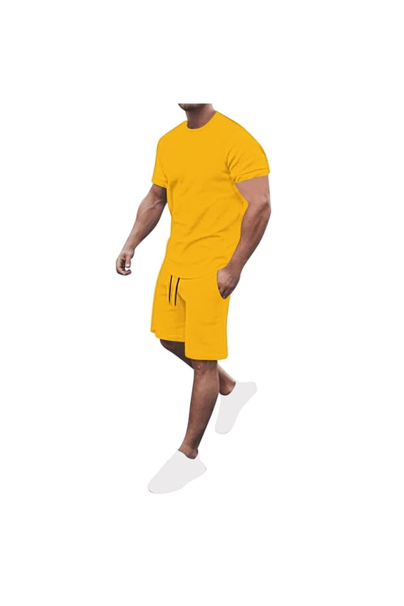Men's 2 Piece Tracksuit Short Sleeve Crew Neck T Shirt and Track Shorts Set Solid Color Breathable Sports Set Beach Outfits Yellow M