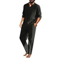 thumbnail image 1 of JUUYY Men's 2 Pieces Cotton Linen Set Henley Shirt Long Sleeve and Casual Beach Pants Summer Yoga Solid Color Outfits Black S, 1 of 9