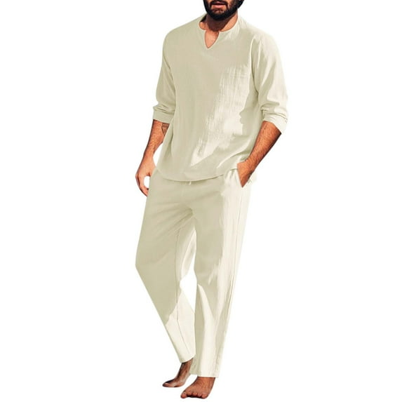 JUUYY Men's 2 Pieces Cotton Linen Set Henley Shirt Long Sleeve and Casual Beach Pants Summer Yoga Solid Color Outfits Khaki XL