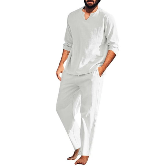 JUUYY Men's 2 Pieces Cotton Linen Set Henley Shirt Long Sleeve and Casual Beach Pants Summer Yoga Solid Color Outfits White S