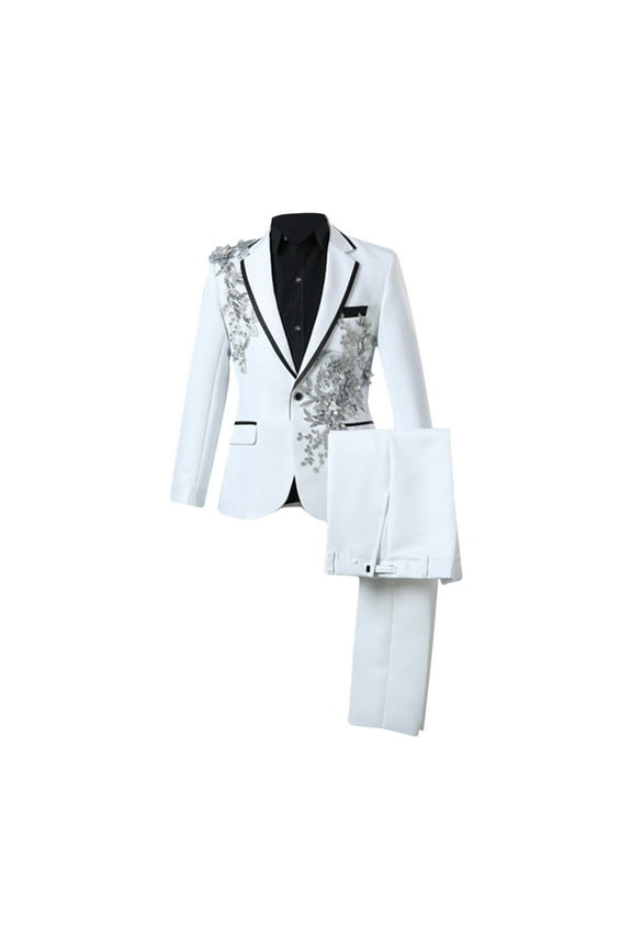 Men's 2 Pieces Luxury Embroidered Suits 1 Button Print Dinner Tuxedo Jacket Pants Prom Wedding Elegant Blazer Dress Suit White L