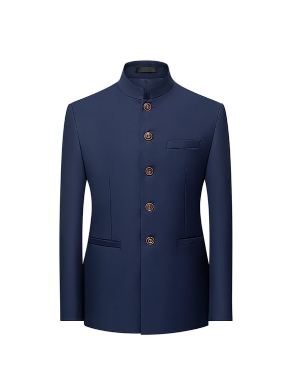 Men's 2 Pieces Tunic Suit Mandarin Collar Blazer Set Button Jacket Pant Set Traditional Uniform Groom Dress Dark Blue XXXXXXL