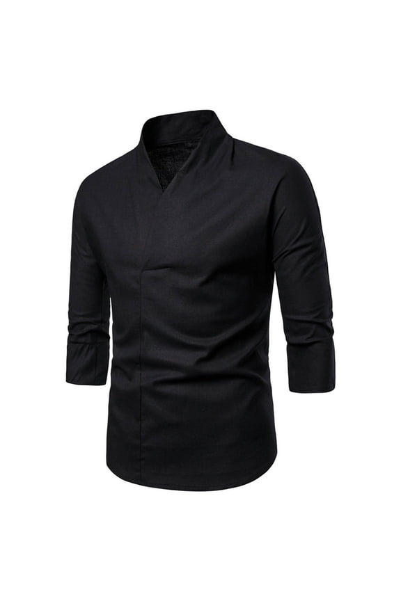 Men's 3/4 Sleeve Cotton Linen V Neck Shirts Hipster Slim Fit Stand Collar Chef Coats Big and Tall Beach Hanfu Trendy Yoga Tops Black XXXL