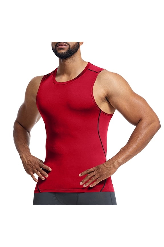 Men's Athletic Compression Sleeveless Tank Top, Cool Quick Dry Sports Running Basketball Workout Base Layer Red XXL