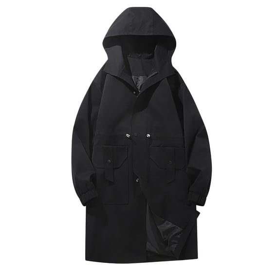 JUUYY Men's Autumn Trench Solid Color Oversized Long Jacket Big Pocket Hooded Coats Trendy Casual Loose Workwear Winter Jacket Black XXXL