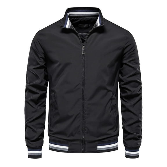 JUUYY Men's Autumn and Winter Stand Collar Casual Zipper Jacket Outdoor Sports Coat Windbreaker Solid Color Jacket Black S