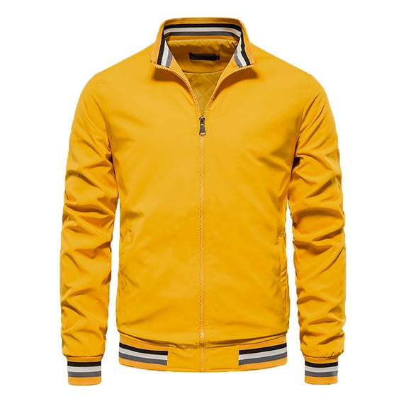 JUUYY Men's Autumn and Winter Stand Collar Casual Zipper Jacket Outdoor Sports Coat Windbreaker Solid Color Jacket Yellow L