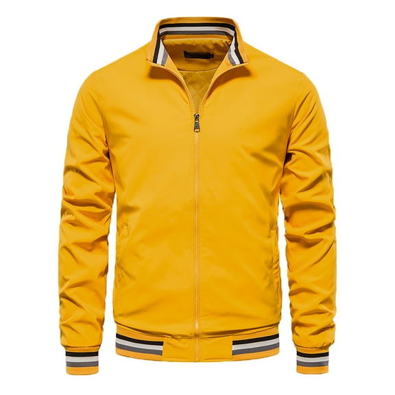 JUUYY Men's Autumn and Winter Stand Collar Casual Zipper Jacket Outdoor Sports Coat Windbreaker Solid Color Jacket Yellow XXL