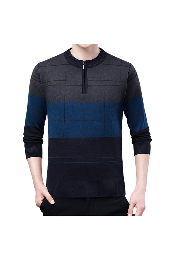 Men's Autumn and Winter Sweater Quarter Zipper Round Neck Knitted Sweater Warm Casual Trendy Clothing Blue M