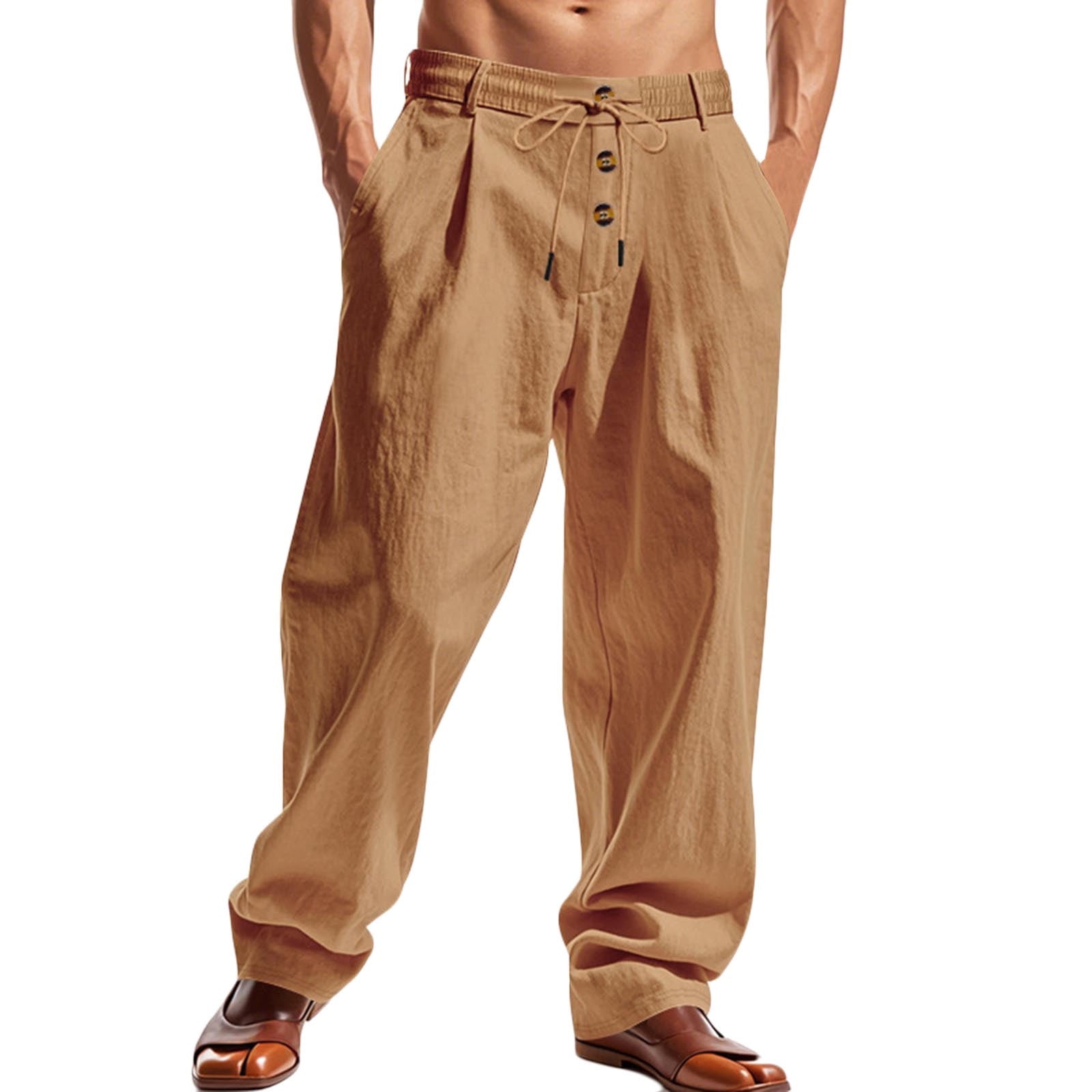 JUUYY Men's Baggy Beach Pants Button Drawstring Elastic Waist Loose Fit