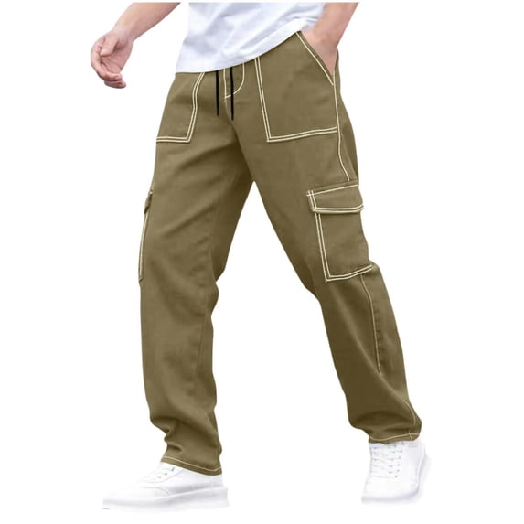 JUUYY Men's Baggy Cargo Pants Casual Drawstring Straight Leg Outdoor Pants Elastic Waist Multi Pocket Sports Trousers Streetwear Coffee XL