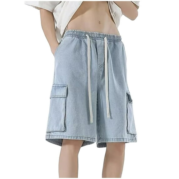 JUUYY Men's Baggy Jean Shorts Elastic Waist Distressed Cargo Denim Shorts Multi-Pocket Drawstring Loose Summer Jean Shorts Streetwear Light Blue XL
