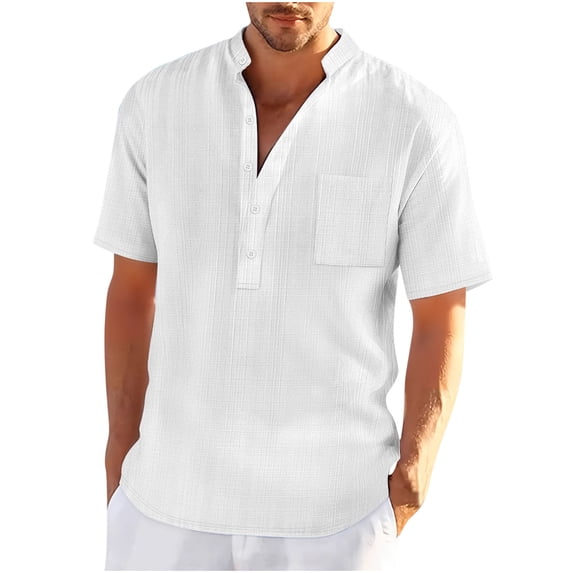 JUUYY Men's Bamboo Knot Imitation Linen Short Sleeved Shirt Stand Collar Buttons Pockets T-shirt Top Casual Shirts White XXL