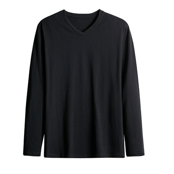 JUUYY Men's Basic Plain T-Shirts Fashion Casual Solid V Neck Long Sleeve Tops Cotton Stylish Versatile Relaxed Fit Tee Shirt Black XL
