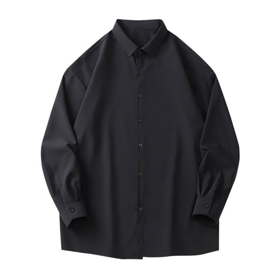 JUUYY Men's Big and Tall Shirt Casual Solid Color Long Sleeve Button Down Lapel Shirt Tops Relaxed Fit Shirts Black M