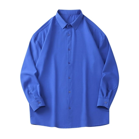 JUUYY Men's Big and Tall Shirt Casual Solid Color Long Sleeve Button Down Lapel Shirt Tops Relaxed Fit Shirts Blue L