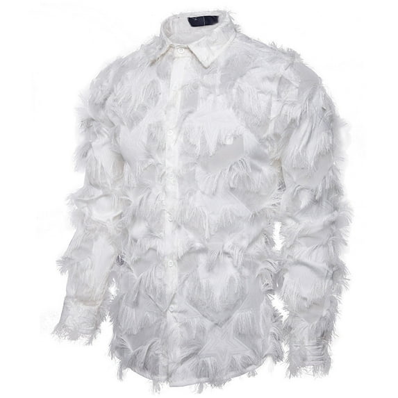 JUUYY Men's Black Feather Lace Shirt See Through Club wear Shirts Event Party Prom Shirt White L
