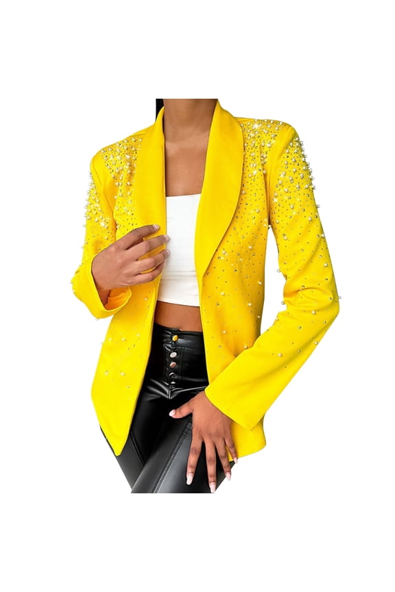Men's Blazer Autumn Beaded Temperament Shawl Collar Plain Long Sleeve Coat Office Lady Trendy Clothes Yellow S